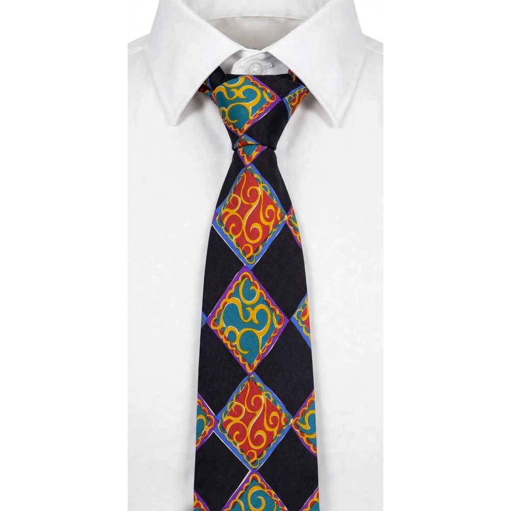 Ermenegildo Zegna Tie 100% Silk Made Italy Black Multi Diamond Baroque EUC